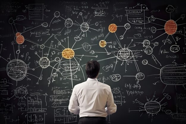 Ein Mann schaut sich Diagramme auf einer Tafel im Stil einer wissenschaftlich basierten generativen KI an