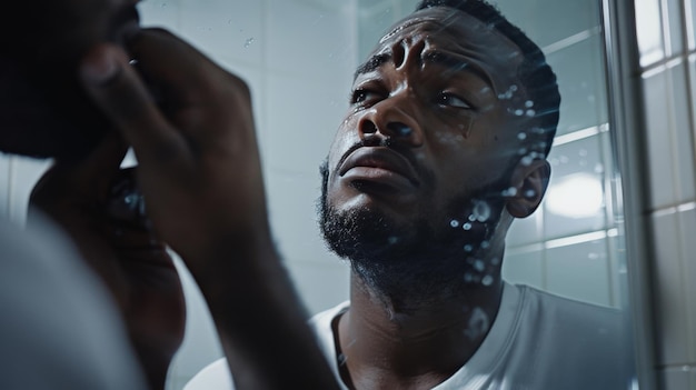 Ein Mann schaut sich im Spiegel an und überprüft sein Stubbchen im Badezimmer