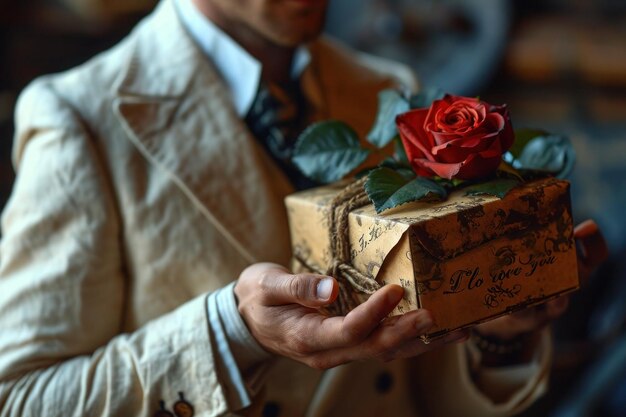 Ein Mann schenkt einer Frau am Valentinstag ein Geschenk und Blumen