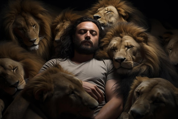 Foto ein mann schläft friedlich umgeben von löwen, was das vertrauen und die akzeptanz zwischen ihnen hervorhebt.