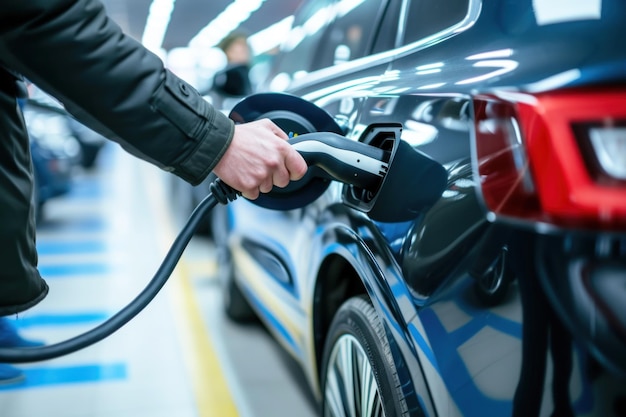 Ein Mann schließt ein elektrisches Parkhaus mit einem Parkplatzladegerät in einem Parkplatz an