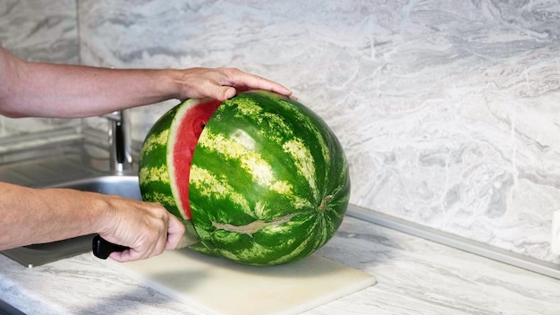 Ein Mann schneidet eine große Wassermelone mit einem Messer Senior schneidet eine reife Wassermelone