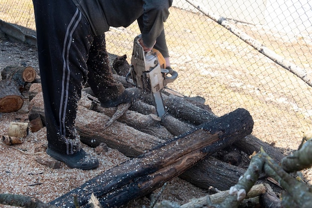 Ein Mann schneidet Holzstumpf mit einer Kettensäge Brennholz Ernteprozess Nahaufnahme