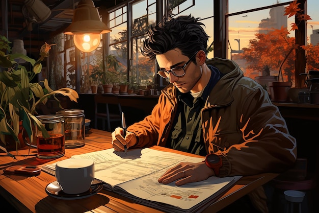 Ein Mann schreibt auf dem Tisch, auf dem Tisch steht eine Tasse Kaffee
