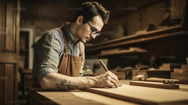 Ein Mann schreibt auf ein Stück Holz.