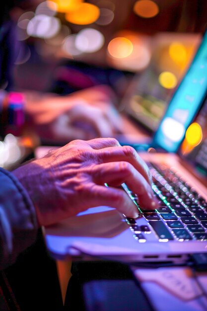 Foto ein mann schreibt auf einem laptop mit einer hand auf der tastatur