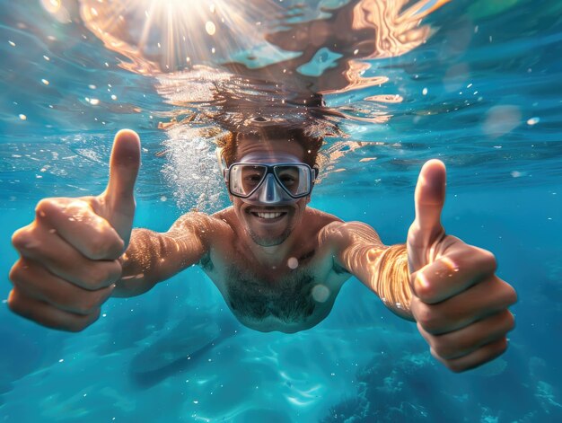 Ein Mann schwimmt im Ozean und zeigt mit dem Daumen nach oben