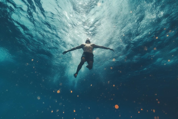 Ein Mann schwimmt im Wasser mit der Aufschrift „Ozean“ auf dem Grund