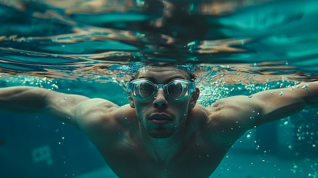 ein Mann schwimmt mit Schutzbrille unter Wasser