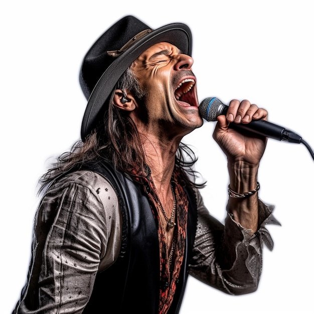 Ein Mann singt mit Hut in ein Mikrofon.