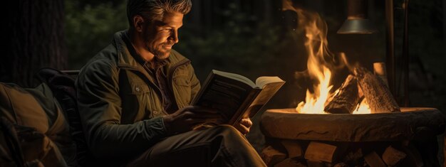 Foto ein mann sitzt am feuer und liest ein buch