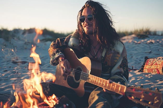 Foto ein mann sitzt am strand und spielt gitarre