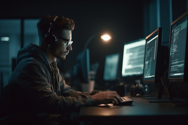 Ein Mann sitzt an einem Computer in einem dunklen Raum, trägt eine Brille und einen Hoodie und schaut auf einen Bildschirm, auf dem Code steht.