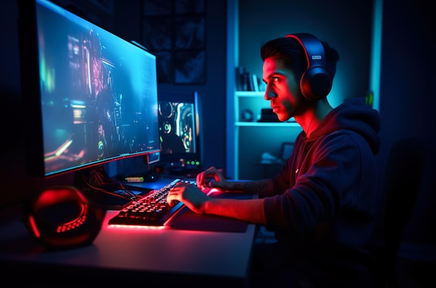 Ein Mann sitzt an einem Computer mit einer Gaming-Tastatur vor sich.