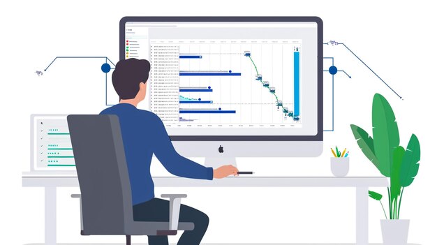 ein Mann sitzt an einem Computer mit einer Grafik eines Mannes, der daran arbeitet