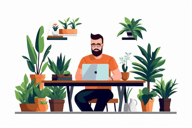 Ein Mann sitzt an einem Schreibtisch, hinter ihm hängen Pflanzen an der Wand.