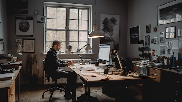 Ein Mann sitzt an einem Schreibtisch in einem dunklen Raum mit einer großen Lampe, auf der das Wort „Kunst“ steht