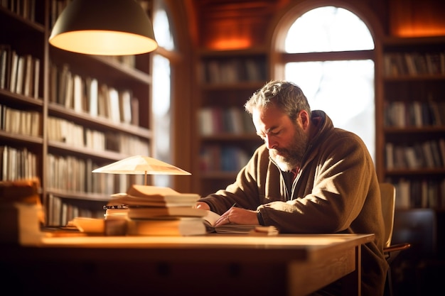 Ein Mann sitzt an einem Schreibtisch in einer Bibliothek und liest ein Buch