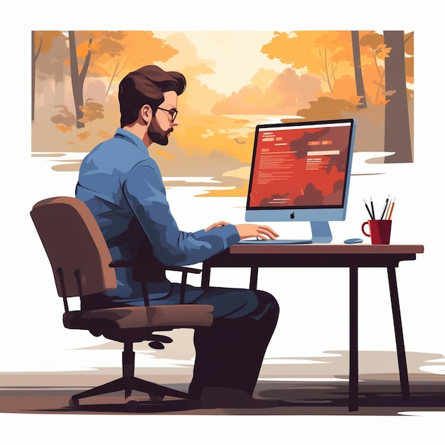 Ein Mann sitzt an einem Schreibtisch mit einem Computer und einem Bild von einem Mann, der an einem Computer arbeitet.