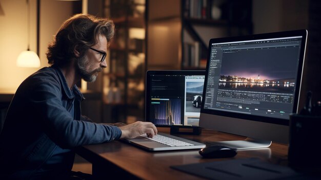 ein Mann sitzt an einem Schreibtisch mit einem Computer und einem Monitor, der eine Stadt-Skyline zeigt