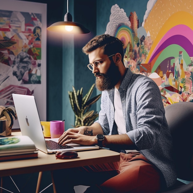 Ein Mann sitzt an einem Schreibtisch mit einem Laptop und einer Kaffeetasse hinter sich