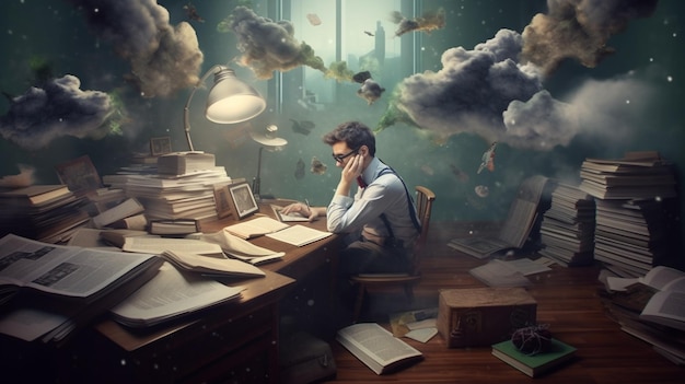 Ein Mann sitzt an einem Schreibtisch mit einem Stapel Papieren und einer Wolkenwolke über ihm.