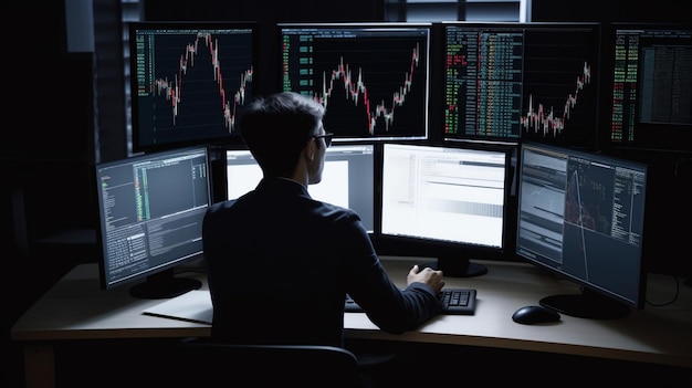 Ein Mann sitzt an einem Schreibtisch mit mehreren Monitoren und einer Reihe von Aktiencharts an der Wand.