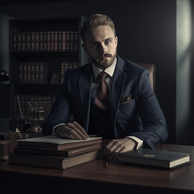 Ein Mann sitzt an einem Schreibtisch vor einem Buch, auf dem „Gesetz“ steht.