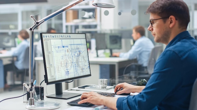 Foto ein mann sitzt an einem schreibtisch vor einem computerbildschirm, auf dem steht: „das unternehmen ist ein“