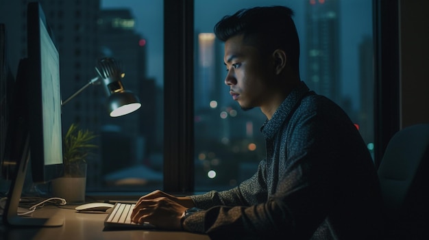 Ein Mann sitzt an einem Schreibtisch vor einem Fenster und tippt auf einer Tastatur.