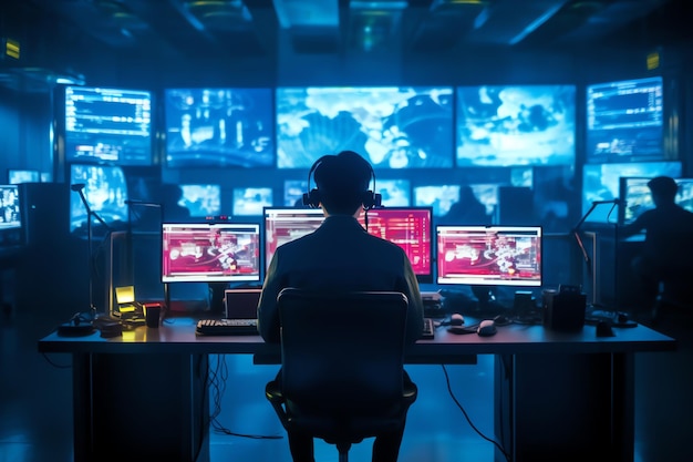 Ein Mann sitzt an einem Schreibtisch vor einem großen Bildschirm, auf dem „Call of Duty“ steht