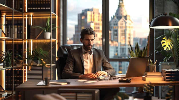 ein Mann sitzt an einem Schreibtisch vor einem Laptop und ein Stadtbild im Hintergrund