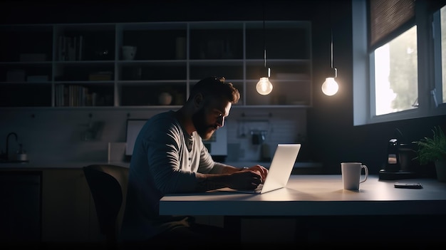 Ein Mann sitzt an einem Tisch in einem dunklen Raum und benutzt einen Laptop.