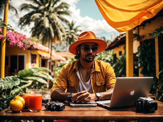 Foto ein mann sitzt an einem tisch mit einem laptop und einem kürbis hinter sich