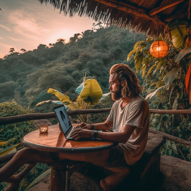 ein Mann sitzt an einem Tisch mit einem Laptop und einer Tasse Tee