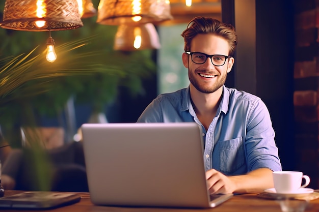 Ein Mann sitzt an einem Tisch mit einem Laptop vor sich.