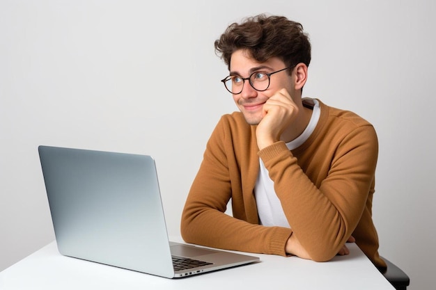 ein Mann sitzt an einem Tisch mit einem Laptop