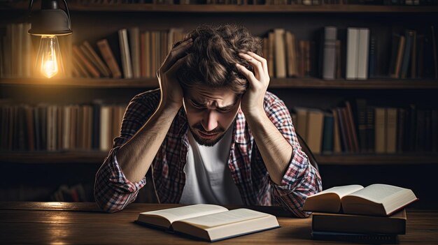 Foto ein mann sitzt an einem tisch mit einem offenen buch