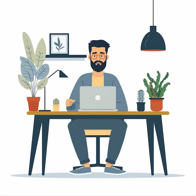 ein Mann sitzt an einem Tisch mit einer Laptop-Illustration