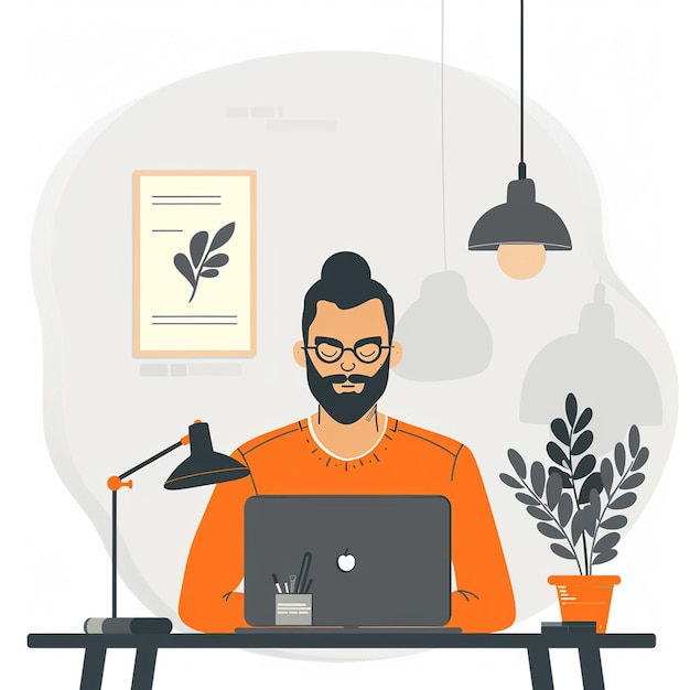 ein Mann sitzt an einem Tisch mit einer Laptop-Illustration