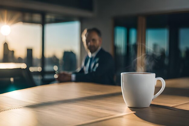 Foto ein mann sitzt an einem tisch mit einer weißen tasse kaffee darauf