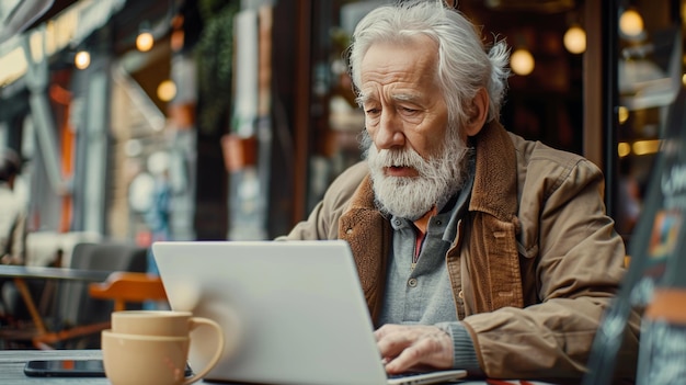 Ein Mann sitzt an einem Tisch und benutzt einen Laptop