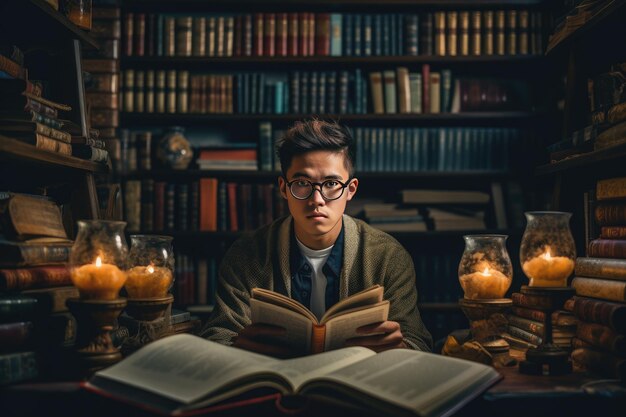 Ein Mann sitzt an einem Tisch vor einem Buch mit dem Titel „Buch des Monats“.