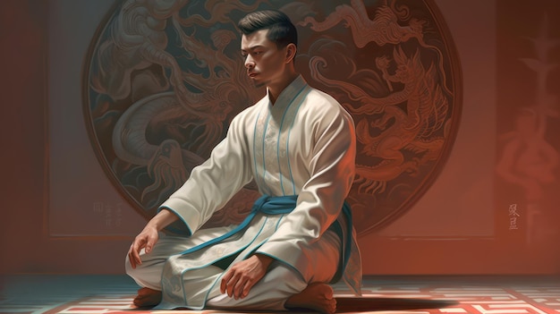 Foto ein mann sitzt auf dem boden vor einer wand mit einem chinesischen symbol darauf.