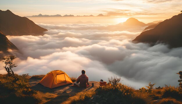 Ein Mann sitzt auf einem Berg und beobachtet einen Sonnenuntergang über einem Zelt