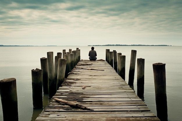 Foto ein mann sitzt auf einem dock mit himmelshintergrund