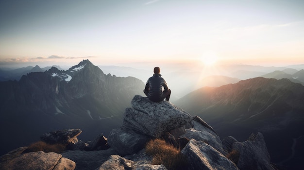 Ein Mann sitzt auf einem Felsen vor einem Berg und blickt auf die Berge, während die Sonne untergeht.