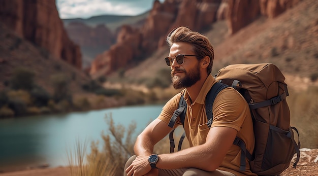 Ein Mann sitzt auf einem Felsen vor einem Berg und blickt in die Kamera.