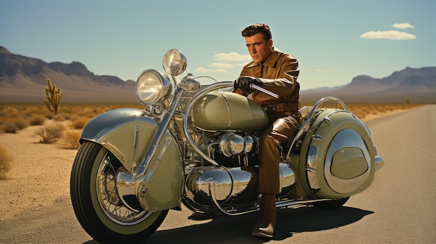 Ein Mann sitzt auf einem Motorrad in der Wüste