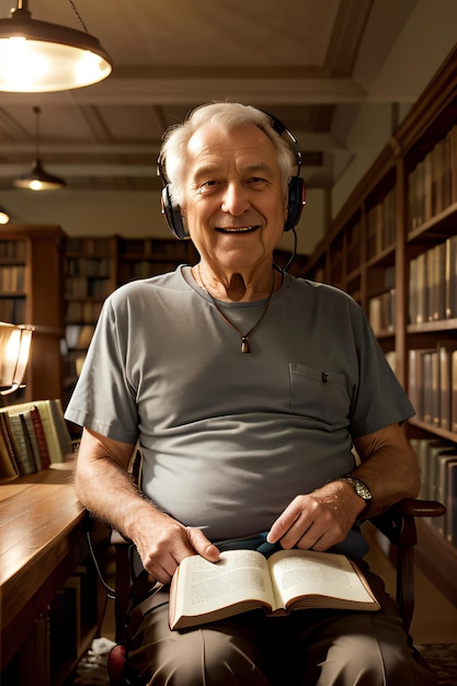 Ein Mann sitzt auf einem Stuhl mit einem Buch auf dem Schoß und Kopfhörern auf dem Kopf in einer Bibliothek mit Bücherregalen